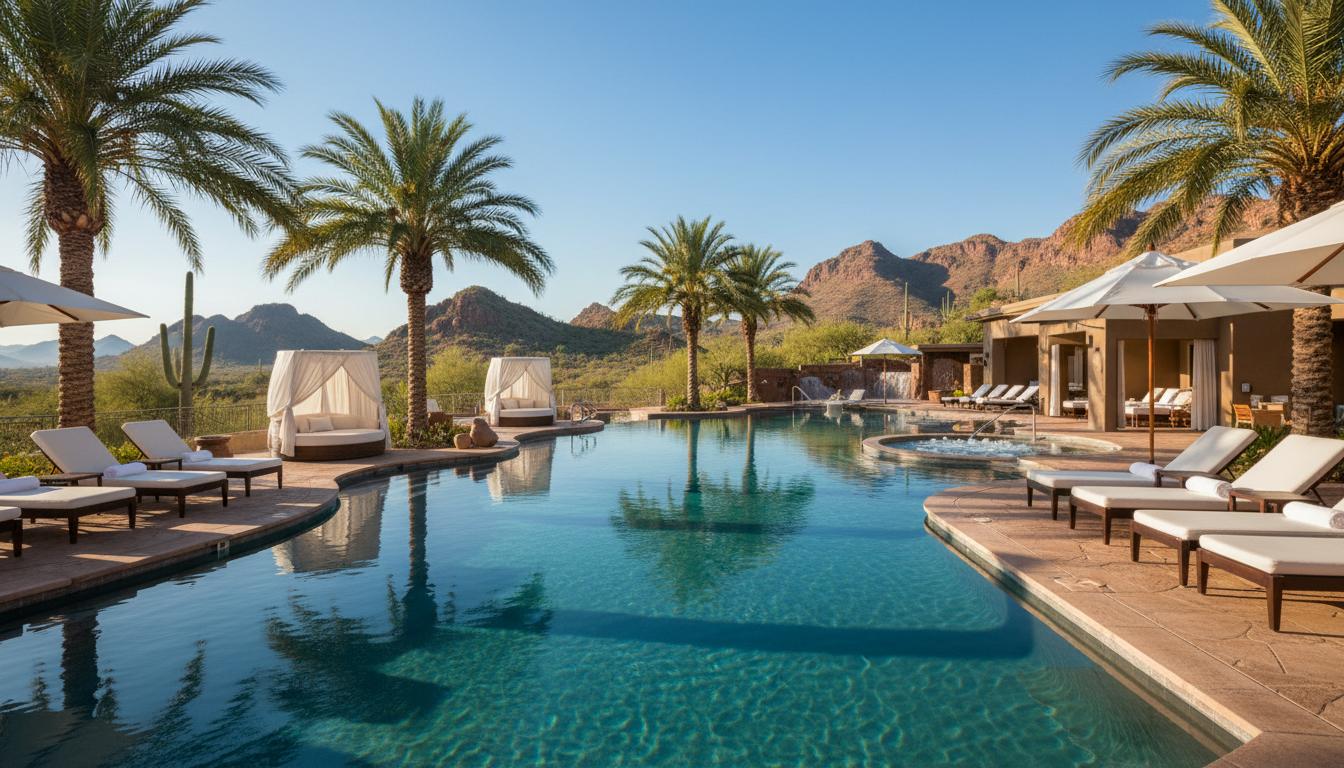 Luxury desert resort infinity pool with mountain views and palm trees in Scottsdale, Arizona
