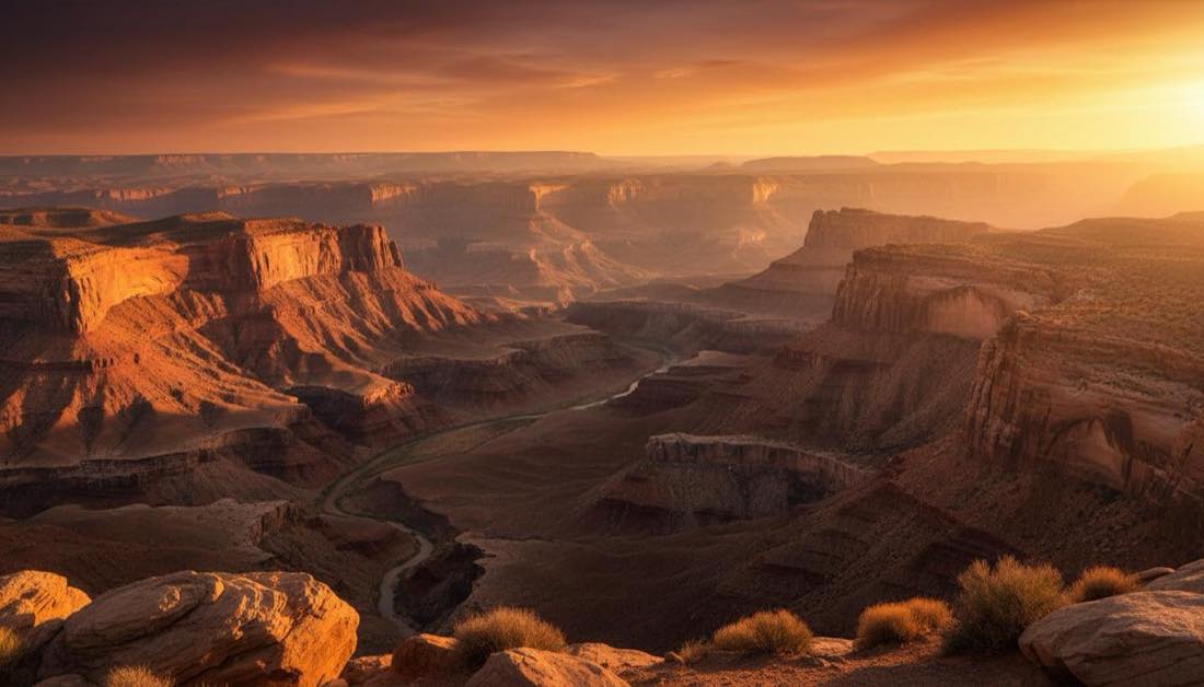 Dramatic Arizona canyon landscape at golden hour with layered rock formations