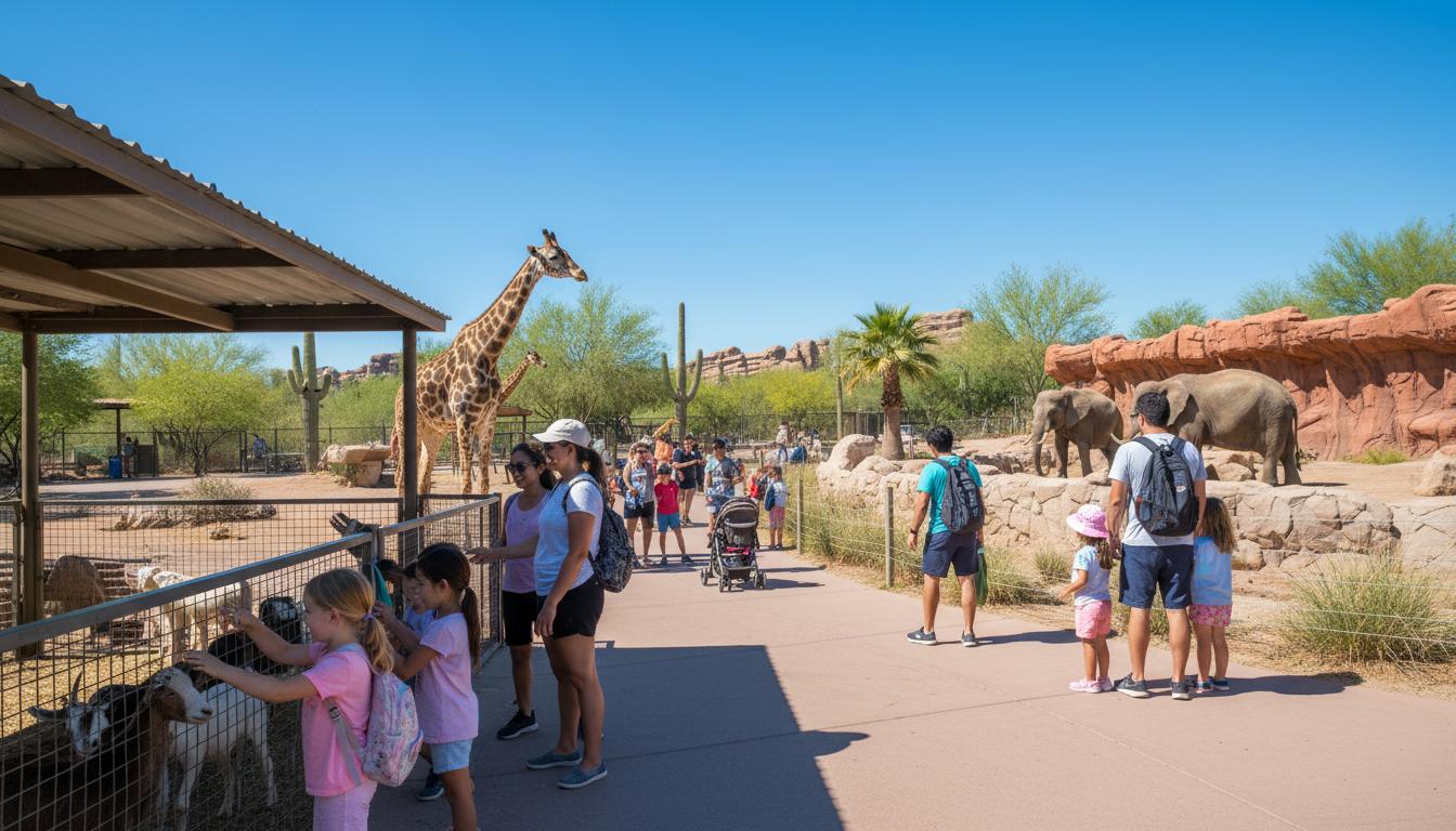 Families enjoying exhibits at the Phoenix Zoo with desert animals on a sunny Arizona day