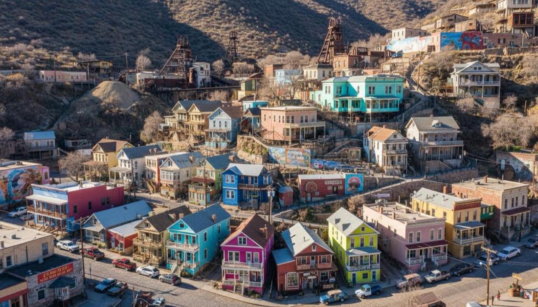Bisbee Arizona hillside town with colorful Victorian houses and artistic community