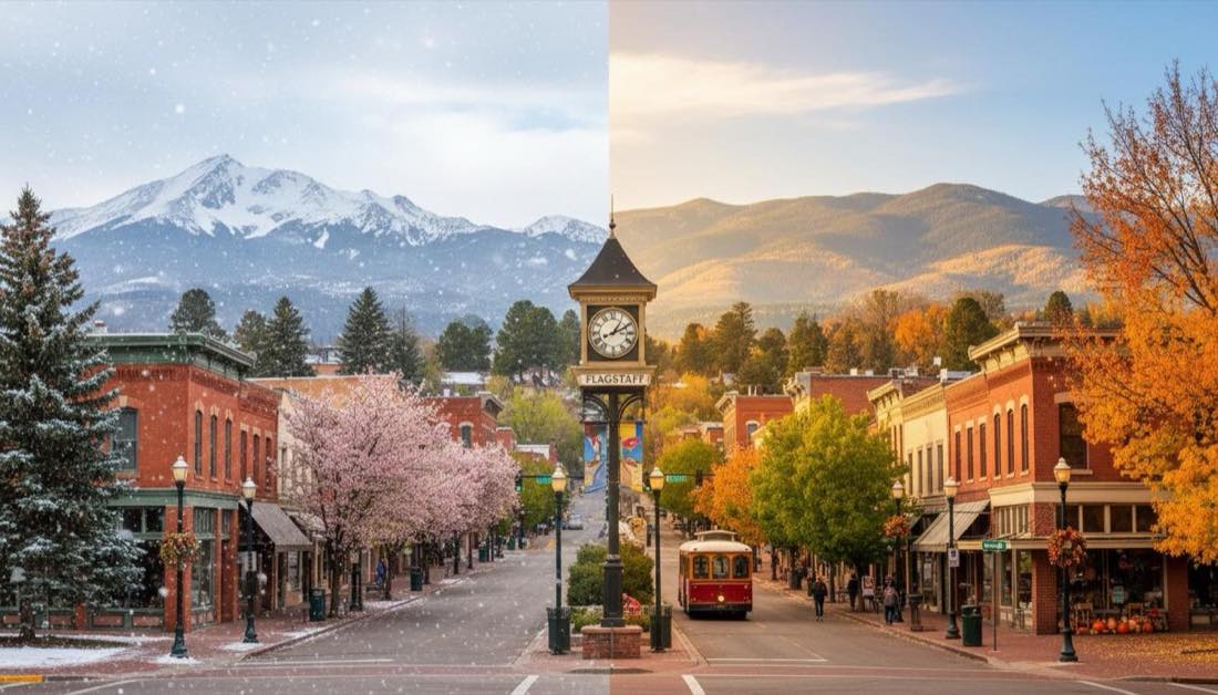 Flagstaff Arizona mountain town downtown with pine trees and historic Route 66 buildings