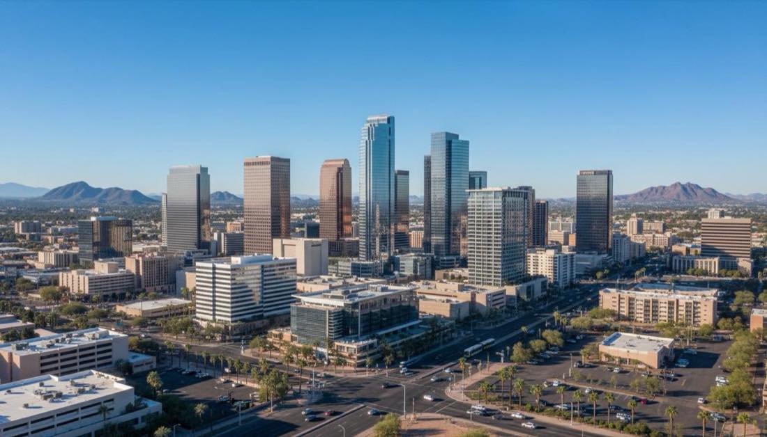 Downtown Phoenix skyline with modern skyscrapers and city center under blue Arizona sky