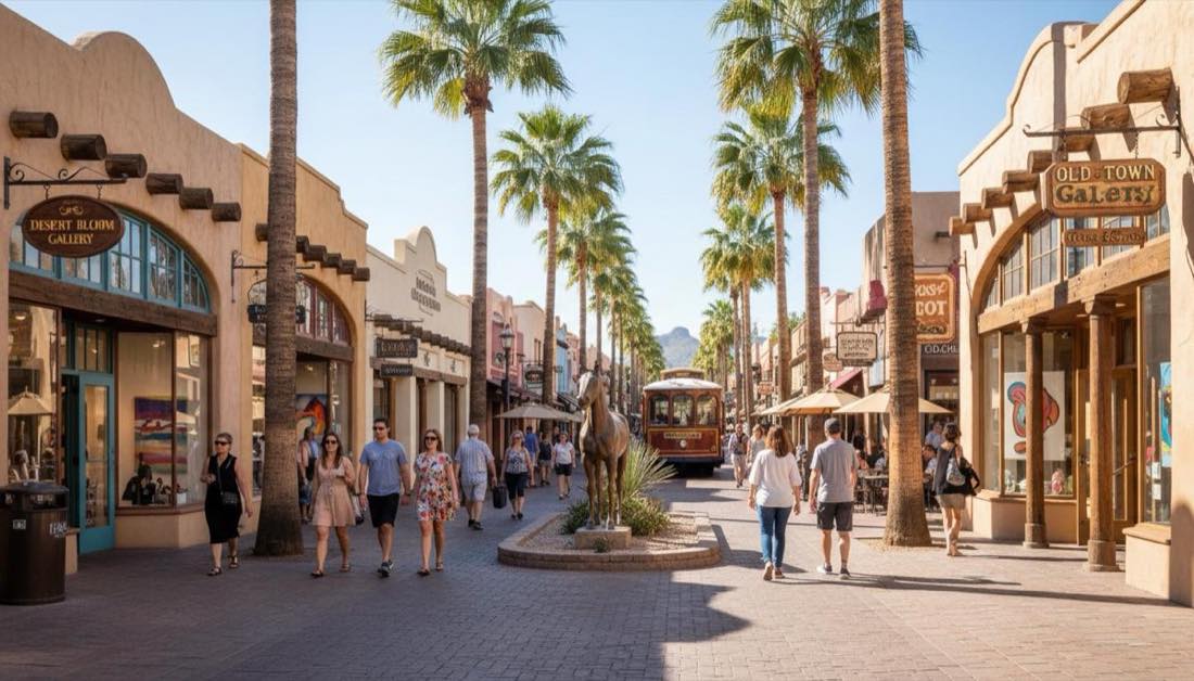 Old Town Scottsdale street scene with western architecture, art galleries, and vibrant pedestrian atmosphere, Arizona