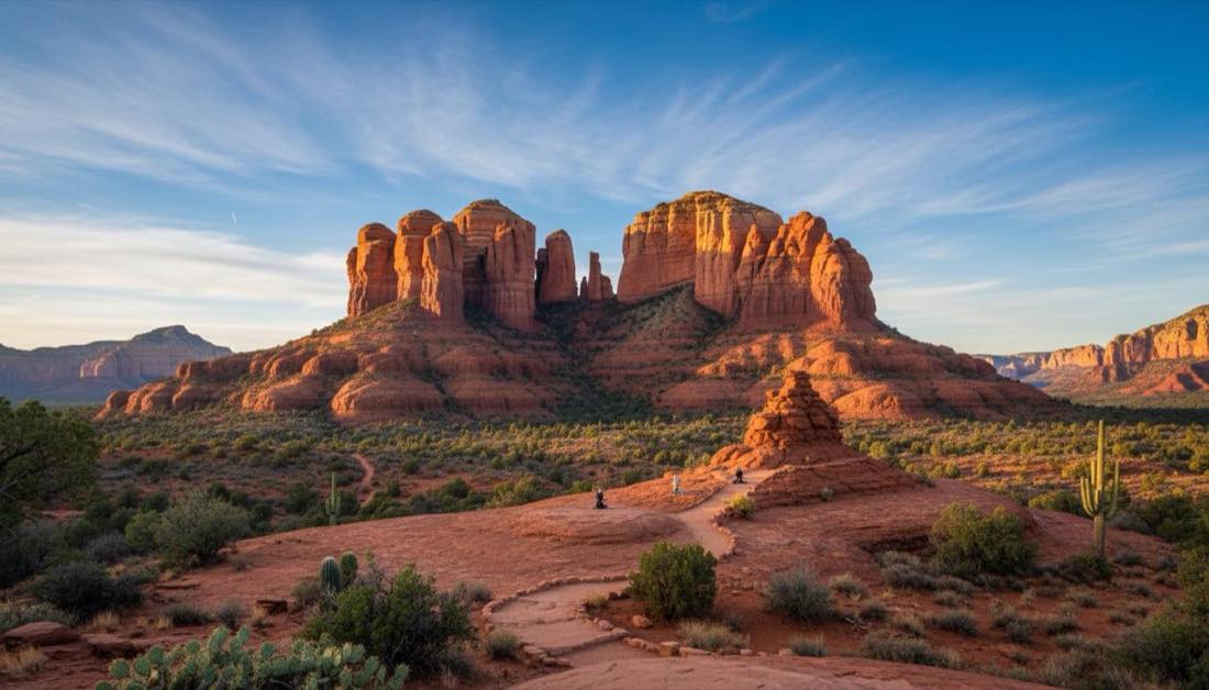 Sedona Arizona red rock formations including Cathedral Rock at golden hour