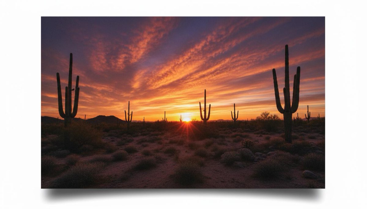 Arizona desert sunset with saguaro cacti silhouettes against an orange and purple sky